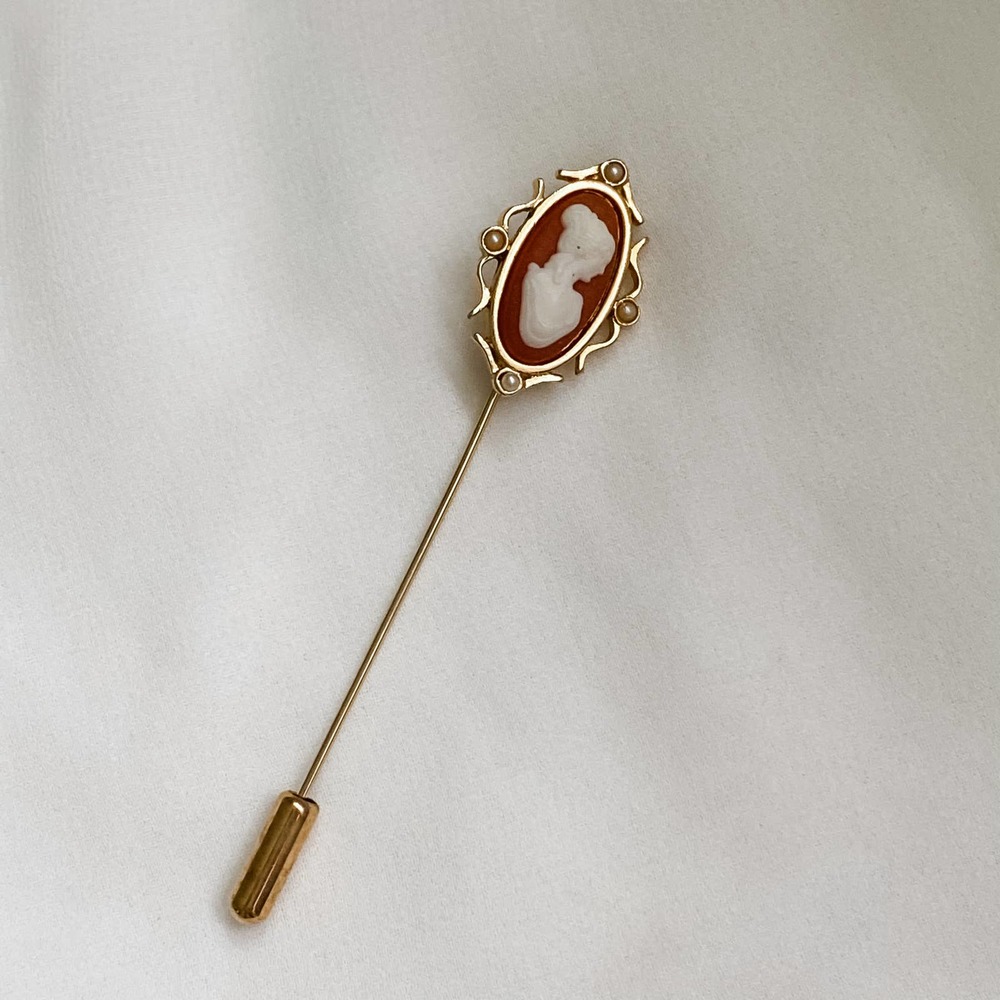Vtg Coral Peach Cameo Hat Pin Brooch - image 5